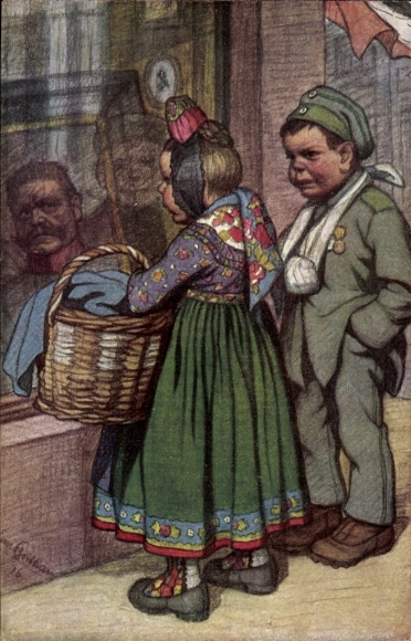 Artist Postcard Beithan, Emil, Hessian costumes, injured child soldier, shop window