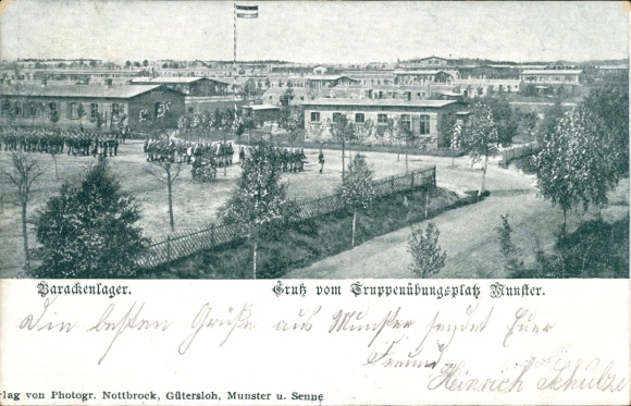 Ak Münster in Westfalen, Barackenlager, Gruppenübungsplatz  Gruß von Heinrich Khulze