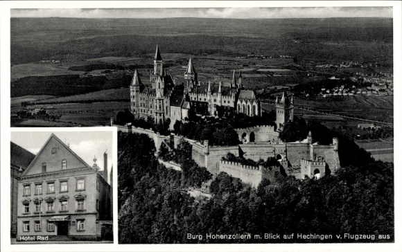 Postcard Hechingen in the Zollernalb district, Hohenzollern Castle, aerial photograph, Hotel Ras