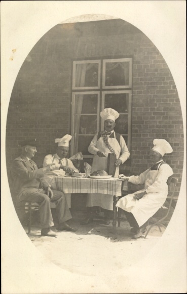 Photo Postcard Men at the table, food, cooks