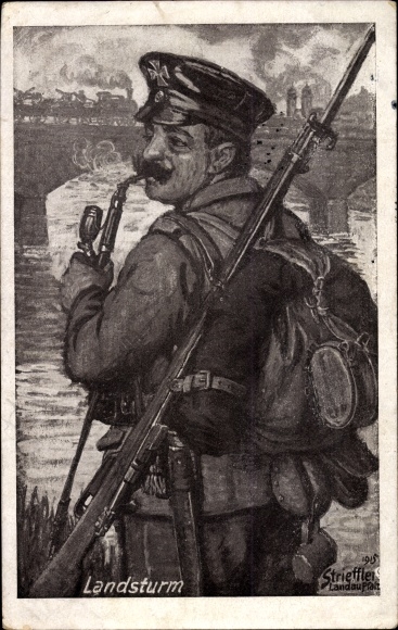 Artist PC Strieffler, Landsturm, German soldier in uniform with a pipe