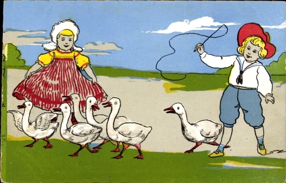 Ak Kinder, Bauernmädchen, Bauernjunge, Gänse