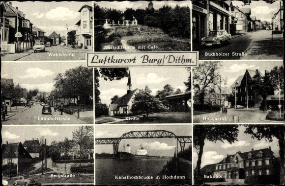 Zamek KP w Dithmarschen, Waldstrasse, Buchholzer Strasse, kościół, wysoki most nad kanałem, Hochdonn, stacja kolejowa