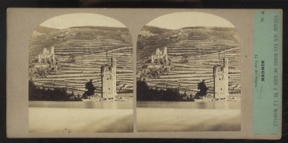 Stereo Photo Bingen The Mouse Tower (former defense and watchtower), vineyards
