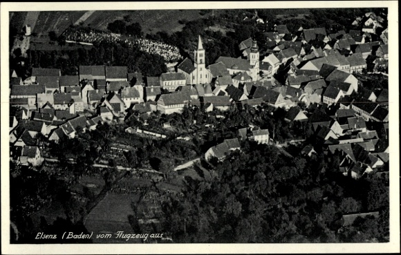Postcard Elsenz Eppingen in Baden, aerial view of Elsenz, church tower, buildings, fields