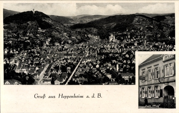 Postcard Heppenheim an der Bergstraße, aerial photograph, Gasthaus Zum Pflug