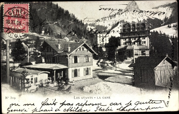 Postcard Les Avants Montreux Canton of Vaud, La Gare, train station with Grand Hotel