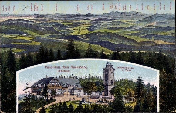 Postcard Wildenthal Eibenstock in the Ore Mountains, panorama from the Auersberg, accommodation house, Riesenberg