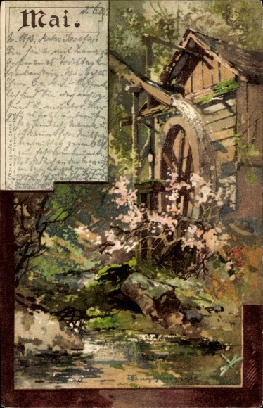 Artist Chromo-Litho Guggenberger, Allegory, May, Waterwheel, Spring, Watermill