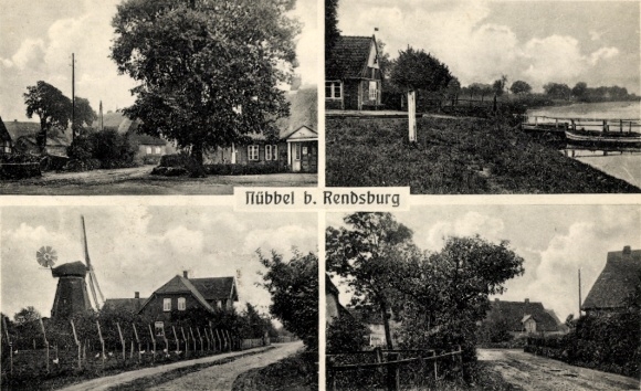 Ak Nübbel in Sleeswijk-Holstein, windmolen. Aanlegsteiger, dorpsstraat