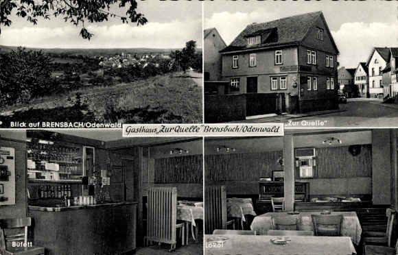 Ak Brensbach in het Odenwald Hessen, Gasthaus zur Quelle, buitenaanzicht, buffet, restaurant
