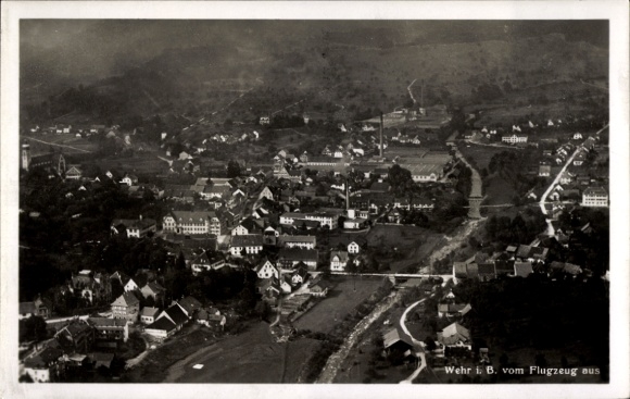 Postcard Wehr in Baden, aerial view of weir, landscape, houses, river