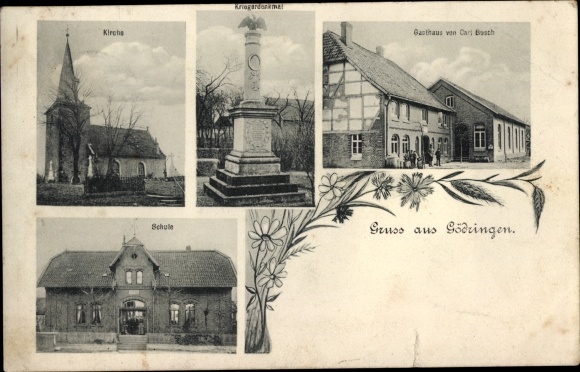 Postcard Gödringen Sarstedt Lower Saxony, church, war memorial, Gasthaus Busch, school