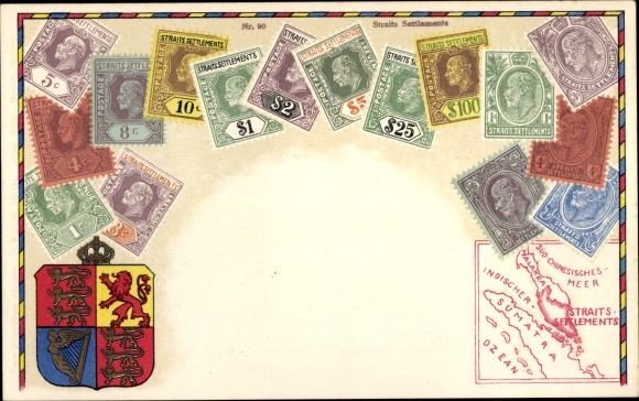 Postzegels Ak Straits Settlements, wapen, Malakka, Maleisië, Singapore, Sumatra