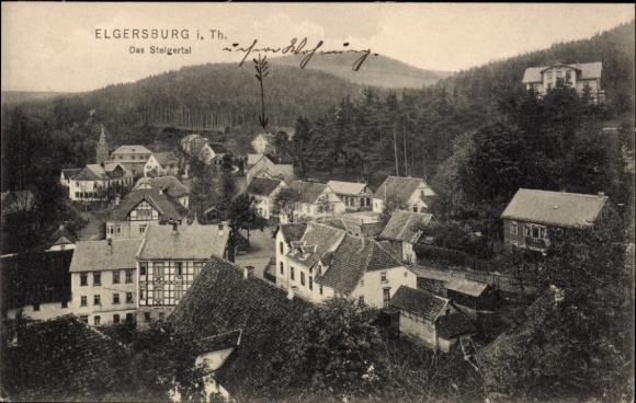 Postcard Elgersburg in Thuringia, landscape view, Steigertal, buildings, forest