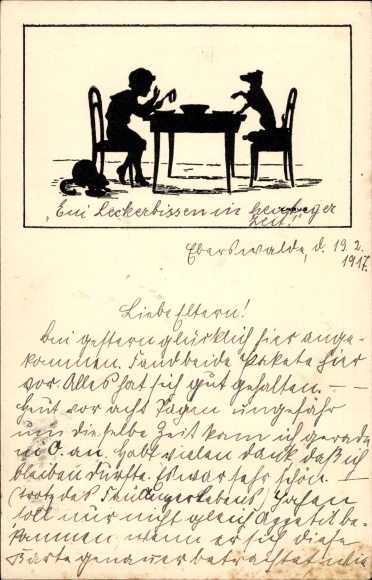 Paper cut artist Postcard Carus, Tierschutzverein Berlin, boy and dog at the dining table
