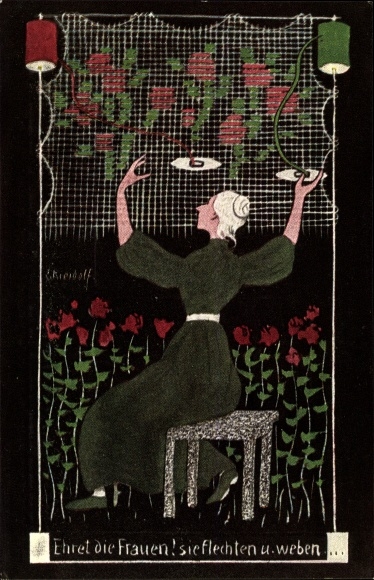 Artist Postcard Kreidolf, E., Honor the women, they braid and weave
