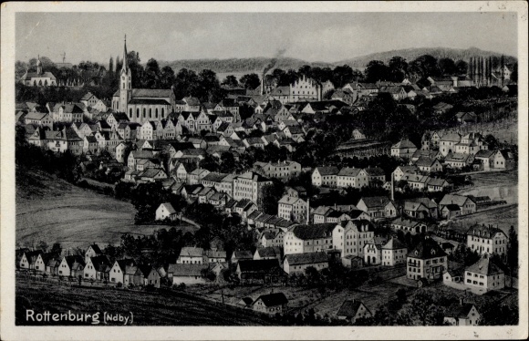 Artist PC Rottenburg Lower Bavaria, total view of the village, church, houses