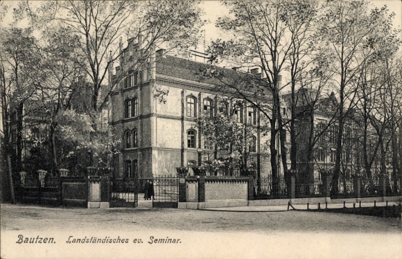 Ak Bautzen in Oberlausitz, Landsfändisches ev. Seminar, gebouw, bomen, hek