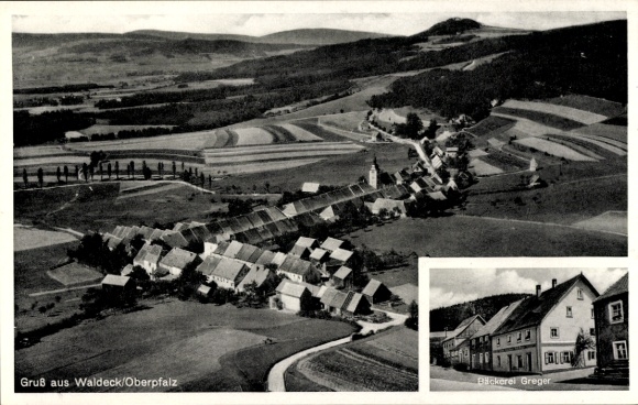 Postcard Waldeck Kemnath in the Upper Palatinate, aerial photograph, Bakery Greger