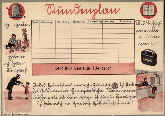 Timetable Städtische Sparkasse Wandsbek, Hamburg, children save, money box around 1920