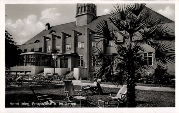 Ak Probstzella in Thüringen, Hotel Itting, Gartenanlage, Palmbaum, Sonnenliegen