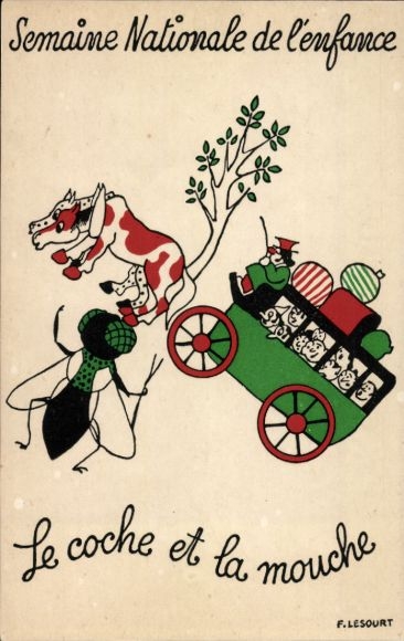 Artist Postcard Lesourt, National Children&#39;s Week, Le Coche et la Mouche