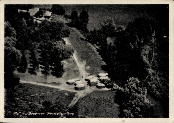 Postcard Mettnau on Lake Constance, aerial photograph, Stone Age settlement