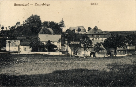 Postcard Hermsdorf in the Ore Mountains, school, recreation area, Ore Mountains, architecture