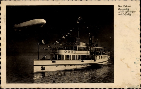 KP Bodensee, parowiec miasto Überlingen, sterowiec LZ 127 Graf Zeppelin, noc