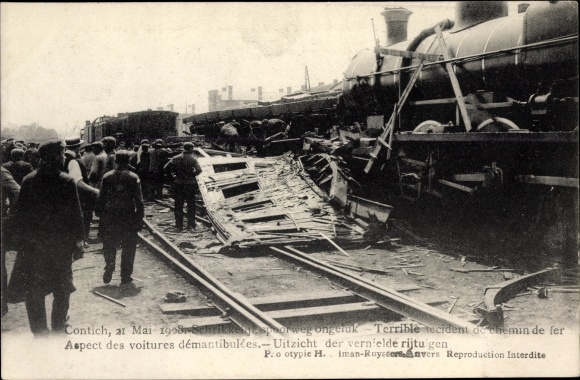 Postcard Contich Kontich Flandern Antwerp, railway accident, accident de chemin de fer 1908, voitures