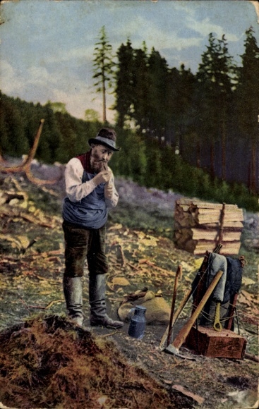 Song Postcard First a whistle, lumberjack in costume from the Ore Mountains, Verlag Wilhelm Vogel