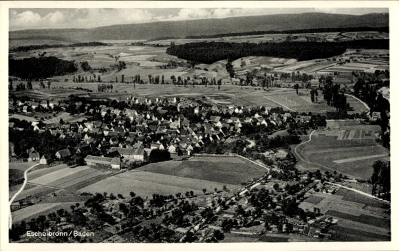 Postcard Eschelbronn in Baden, landscape with village view, fields, forests, black and white photography
