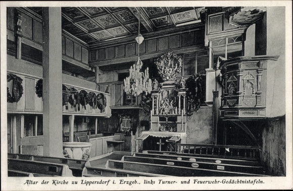 Ak Lippersdorf Lengefeld Erzgebirge, Kirche, Altar, Turner- und Feuerwehr-Gedächtnistafeln
