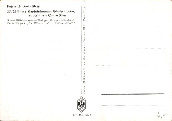 Artist Postcard Willrich, Wolfgang, Lieutenant Commander Günther Prien, Knight's Cross recipient, VDA 1 5 2