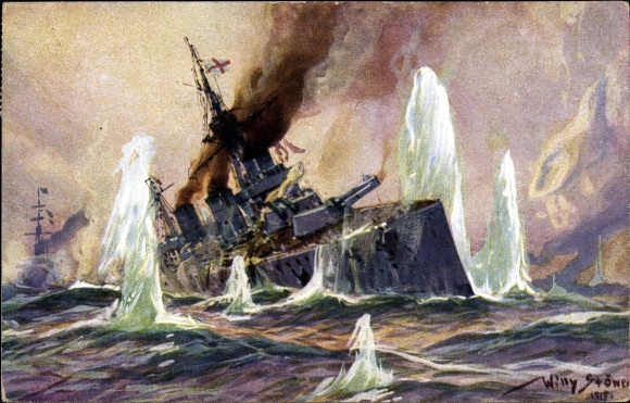 Artist PC Stöwer, Willy, Naval Battle North Sea 1915, English battle cruiser, German cruiser
