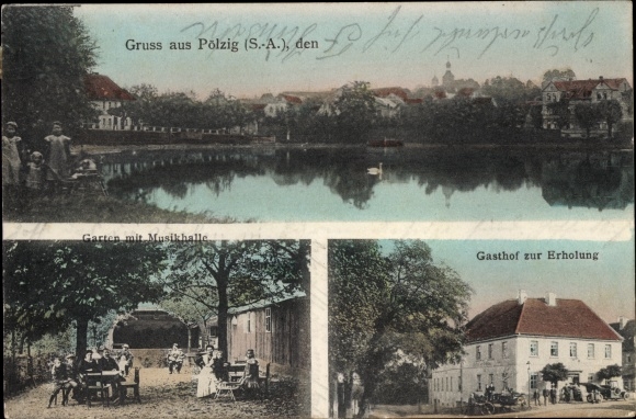 Postcard Pölzig in Thuringia, children at the pond, inn for relaxation, garden, music hall