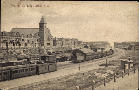 Ak IJmuiden Ymuiden Velsen Nordholland, Blick auf de Ort, Eisenbahn