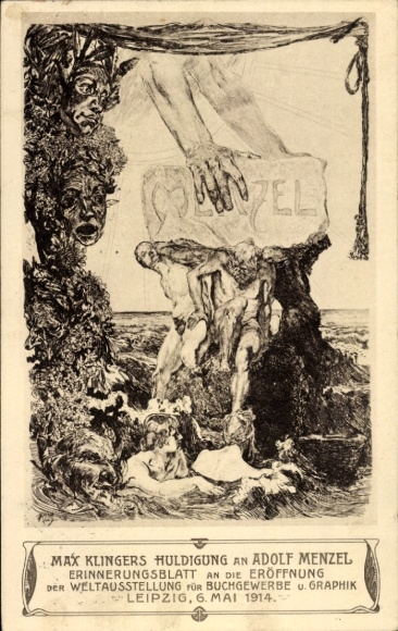 Artist Postcard Klinger, M., Leipzig in Saxony, Adolf Menzel, World Exhibition Book Trade Graphic Arts 1914
