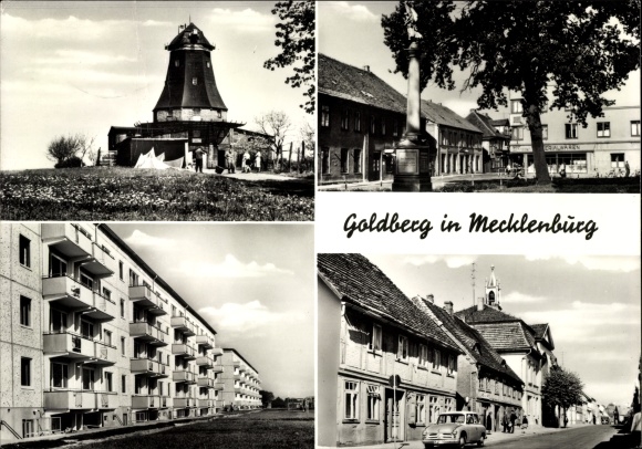 Postcard Goldberg in Mecklenburg, street section, mill, monument, blocks of flats