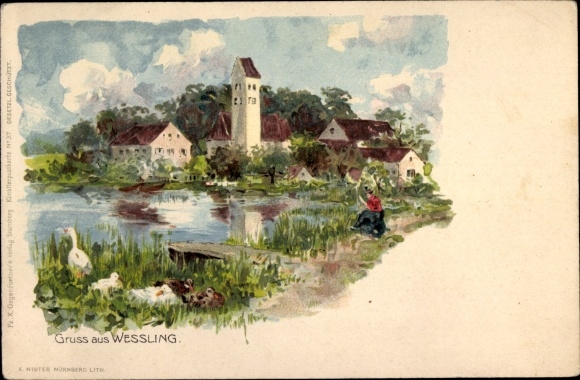 Artist Chromo-Litho Wessling in Upper Bavaria, local motif, church
