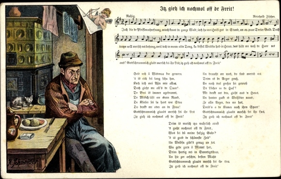 Song Postcard Schneider, Rud., Itz I go off again by Freit, Wilhelm Vogel, man, tiled stove