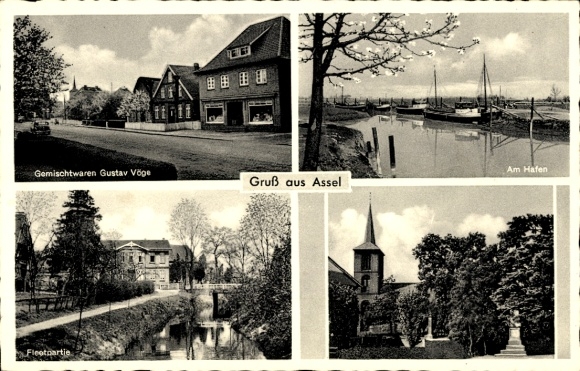 Postcard Assel Drochtersen Lower Saxony, shop G. Vöge, harbor, river, church, monument