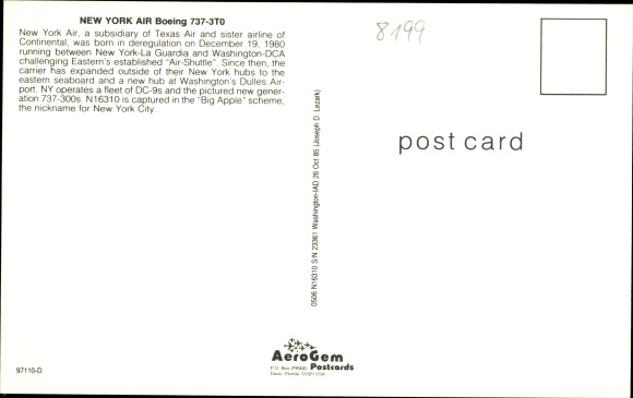 Postcard American passenger plane, New York Air, Boeing 737-3T0, N16310
