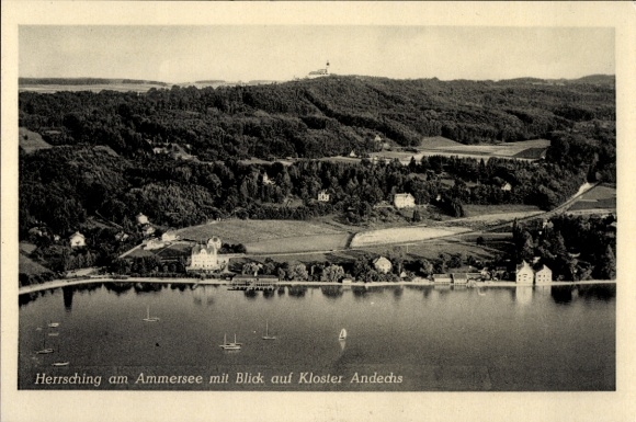 Postcard Herrsching am Ammersee, aerial photograph, Andechs Monastery