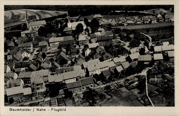 Ak Baumholder in Westrich, luchtfoto van huizen, velden, bomen