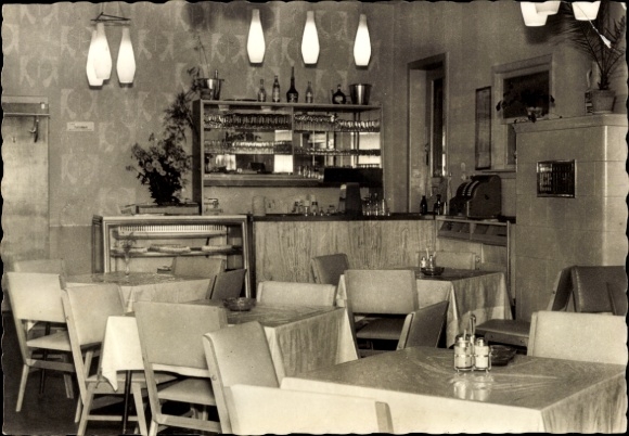 Postcard Thüringer Wald, Hohe Möst, restaurant interior, tables, chairs, bar, cozy atmosphere