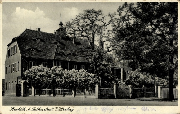 Postcard Lutherstadt Wittenberg, historical building, garden, fence, trees, black and white