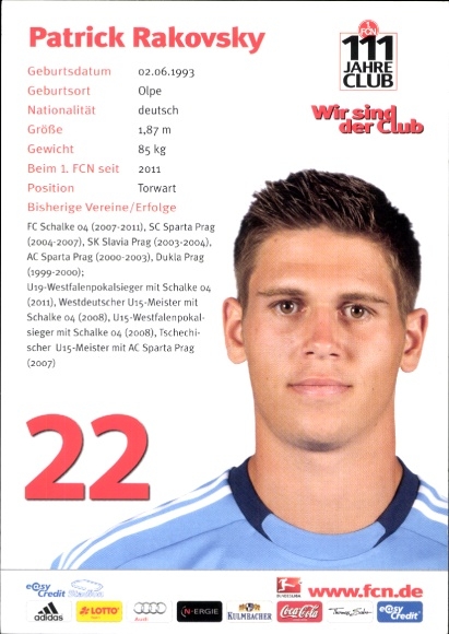 Autograph card footballer Patrick Rakovsky, 1. FC Nuremberg, autograph