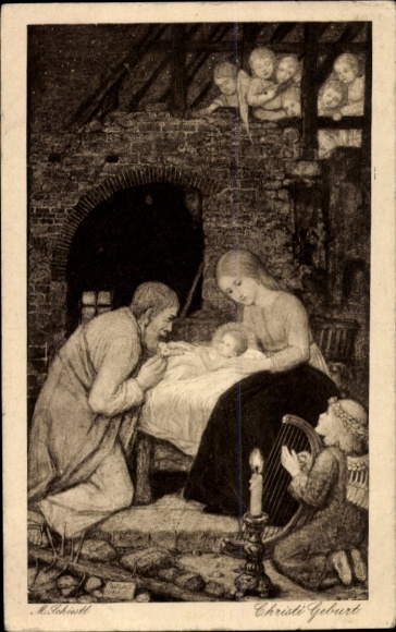 Artist Postcard Schiestl, Matthew, Nativity, Angel with Harp